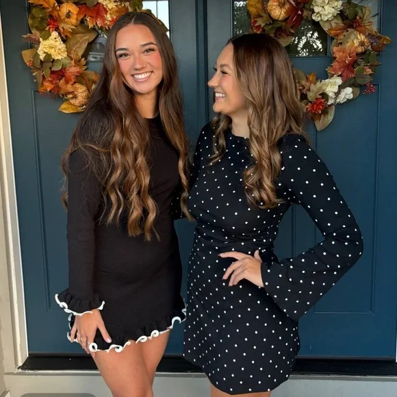 Cider COTTON-BLEND BOAT NECK POLKA DOT RUCHED BELL SLEEVE MINI DRESS Ab5-4 XL - Picture 4 of 9